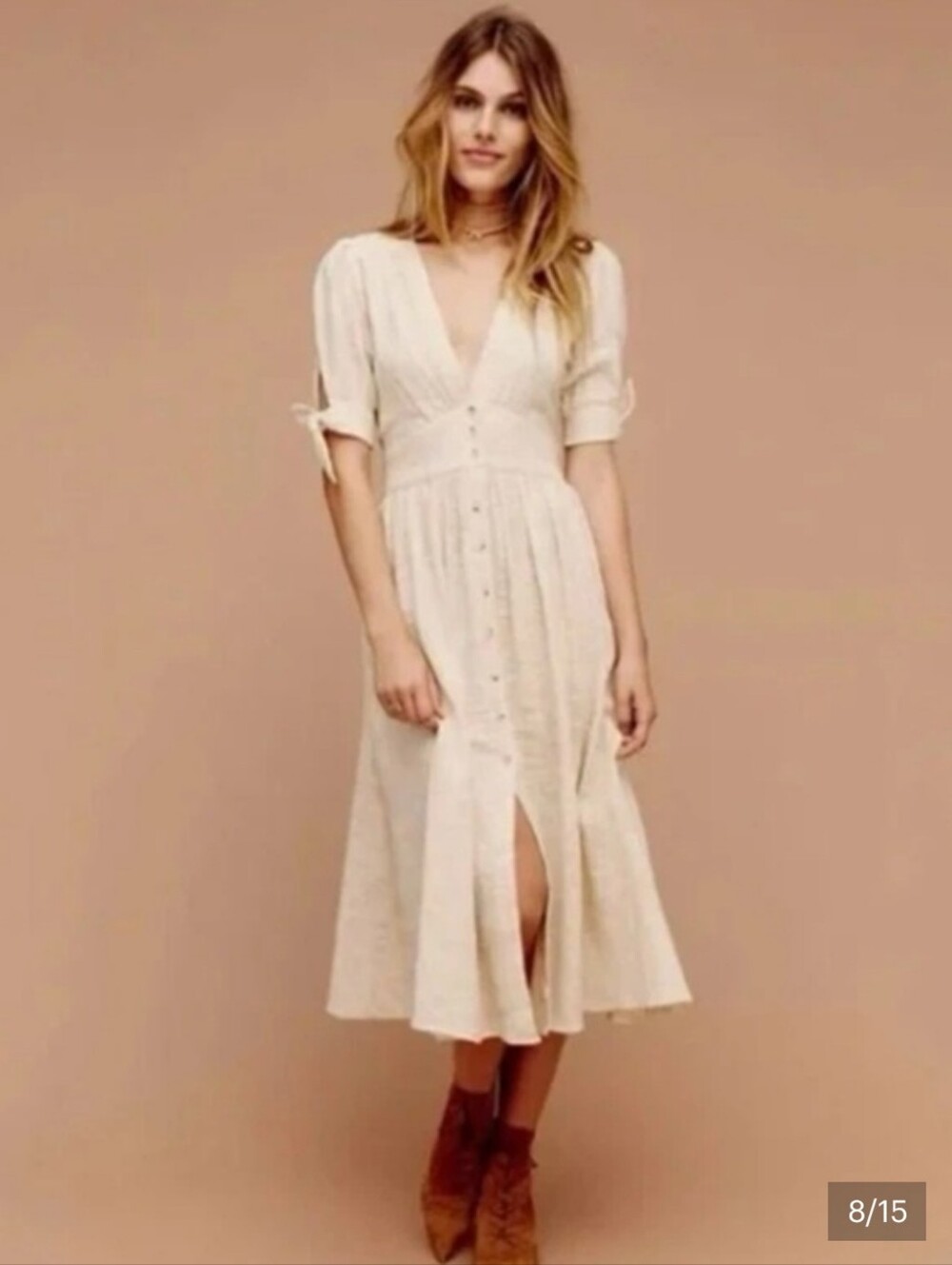 Free People Cream Button-Front Midi Dress with V-Neck XS Love Of My Life Dress
